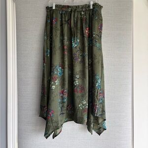Time and Tru Olive Floral Handkerchief-Hem Skirt
